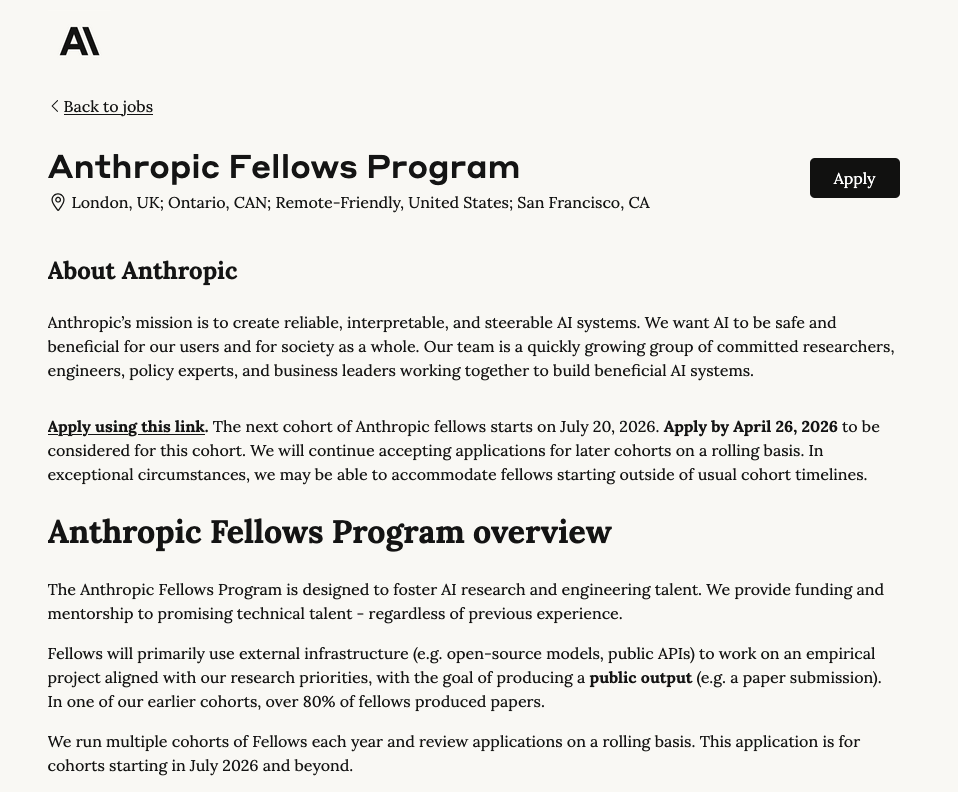 Anthropic Research Fellows job posting screenshot